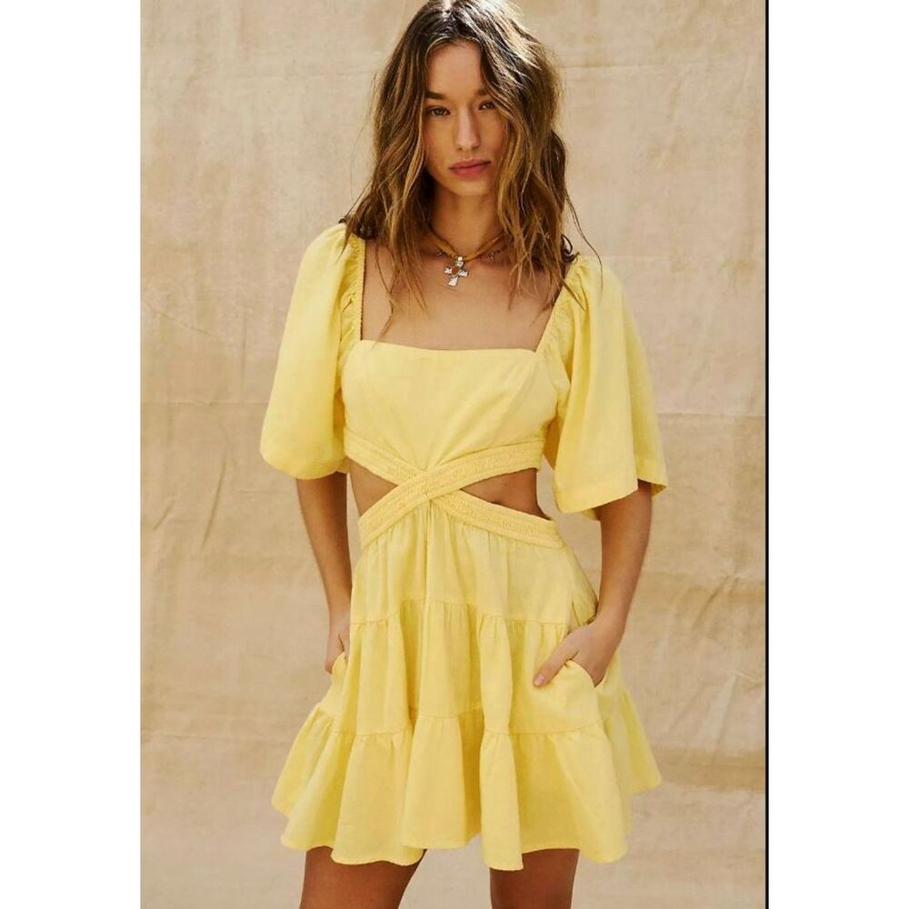 NEW Free People yellow Dress XS M L Cross of Sunlight endless summer cutout back